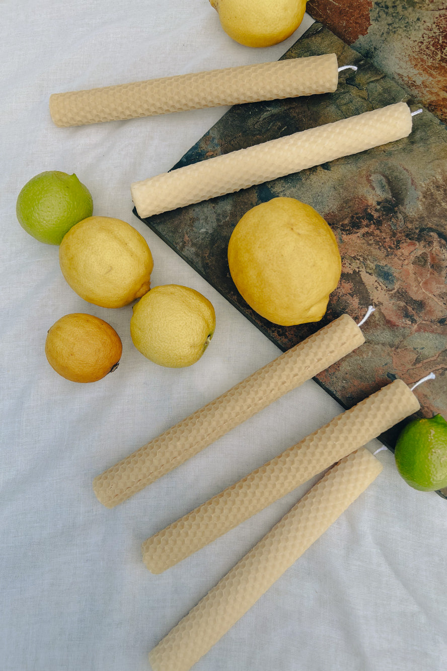 Hand-rolled beeswax candles made in Perth, Western Australia — natural taper candles with subtle honey scent, sustainable and eco-friendly home décor
