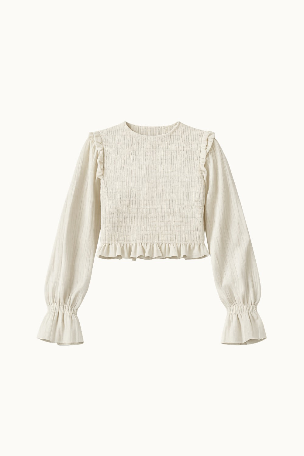 White blouse with ruffled sleeves on a white background