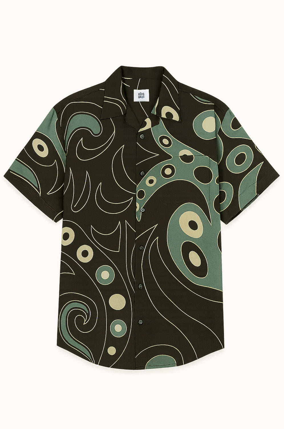 Short-sleeve handpainted cotton shirt with a green and brown abstract pattern on a white background