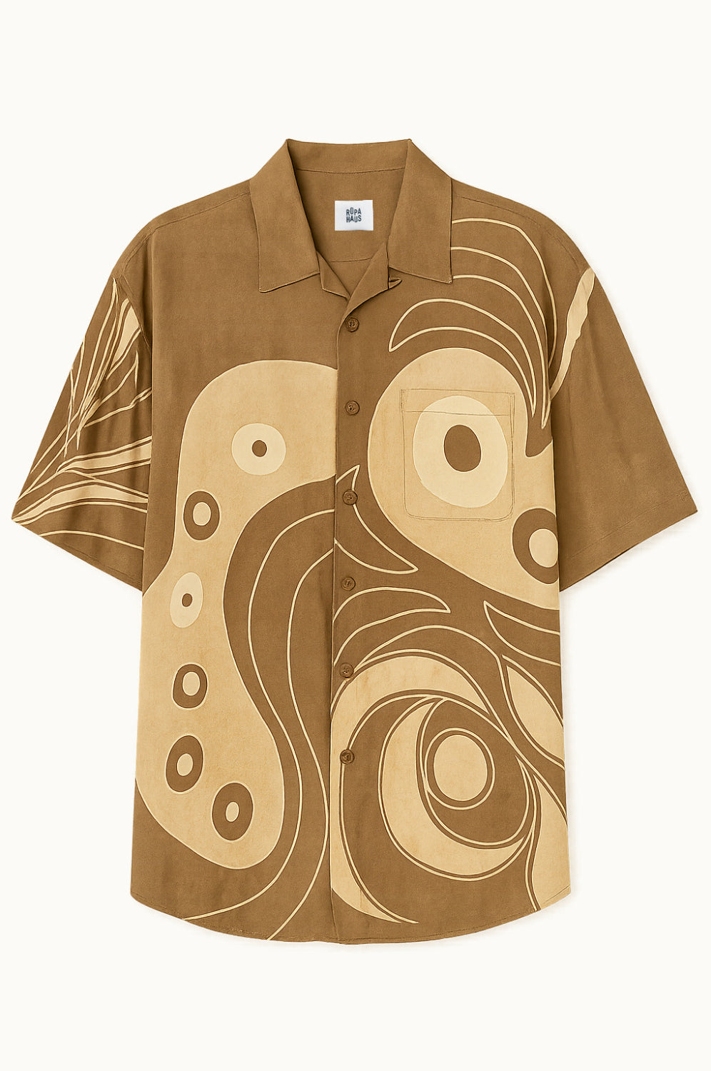 Brown handpainted batik cotton shirt with abstract pattern on a white background