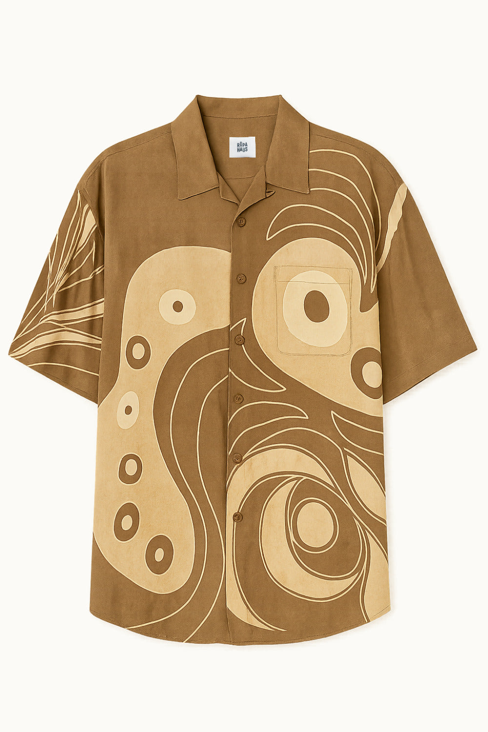 Brown handpainted batik cotton shirt with abstract pattern on a white background