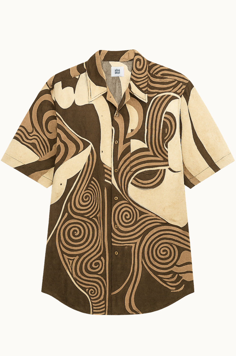 Brown and beige handpainted batik cotton shirt on a white background