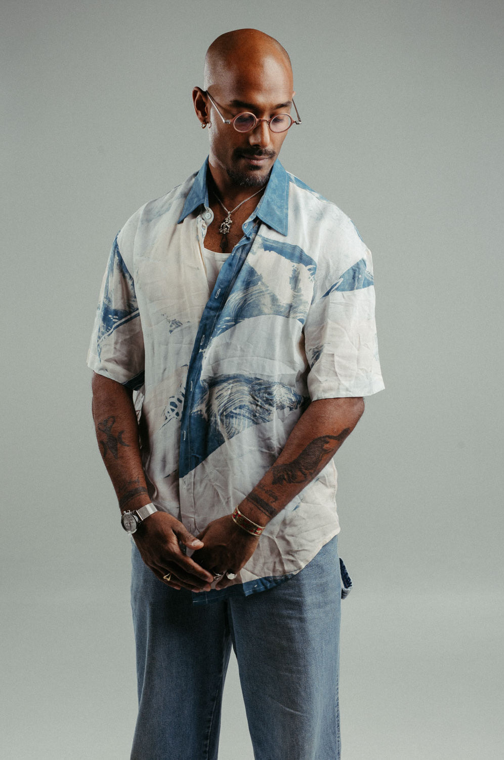 handpainted cotton batik shirt with natural and indigo strokes