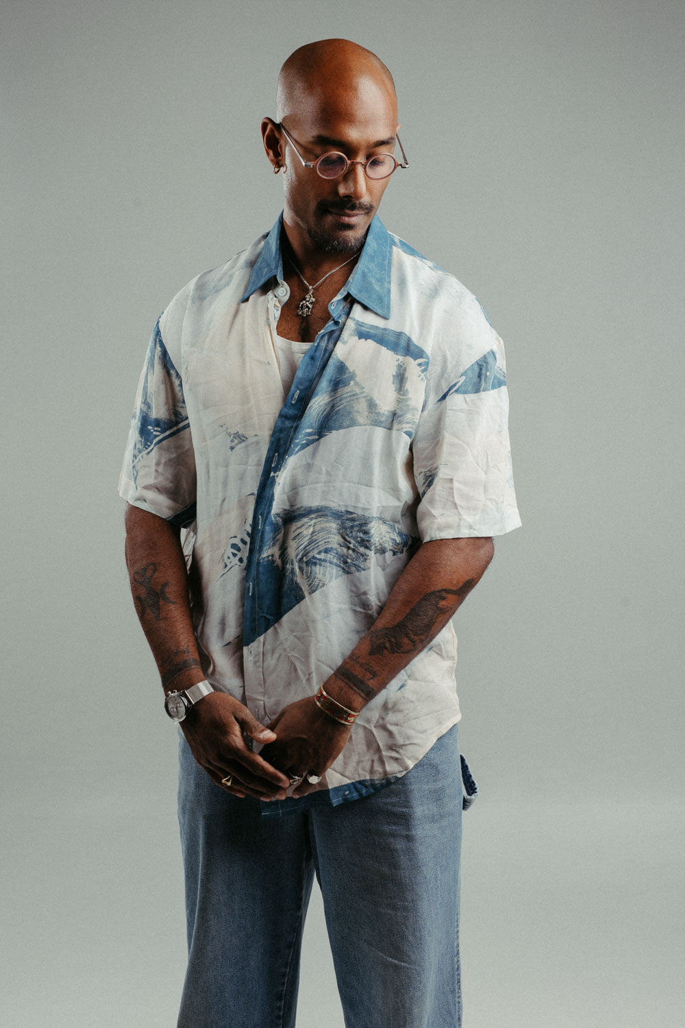 handpainted cotton batik shirt with natural and indigo strokes