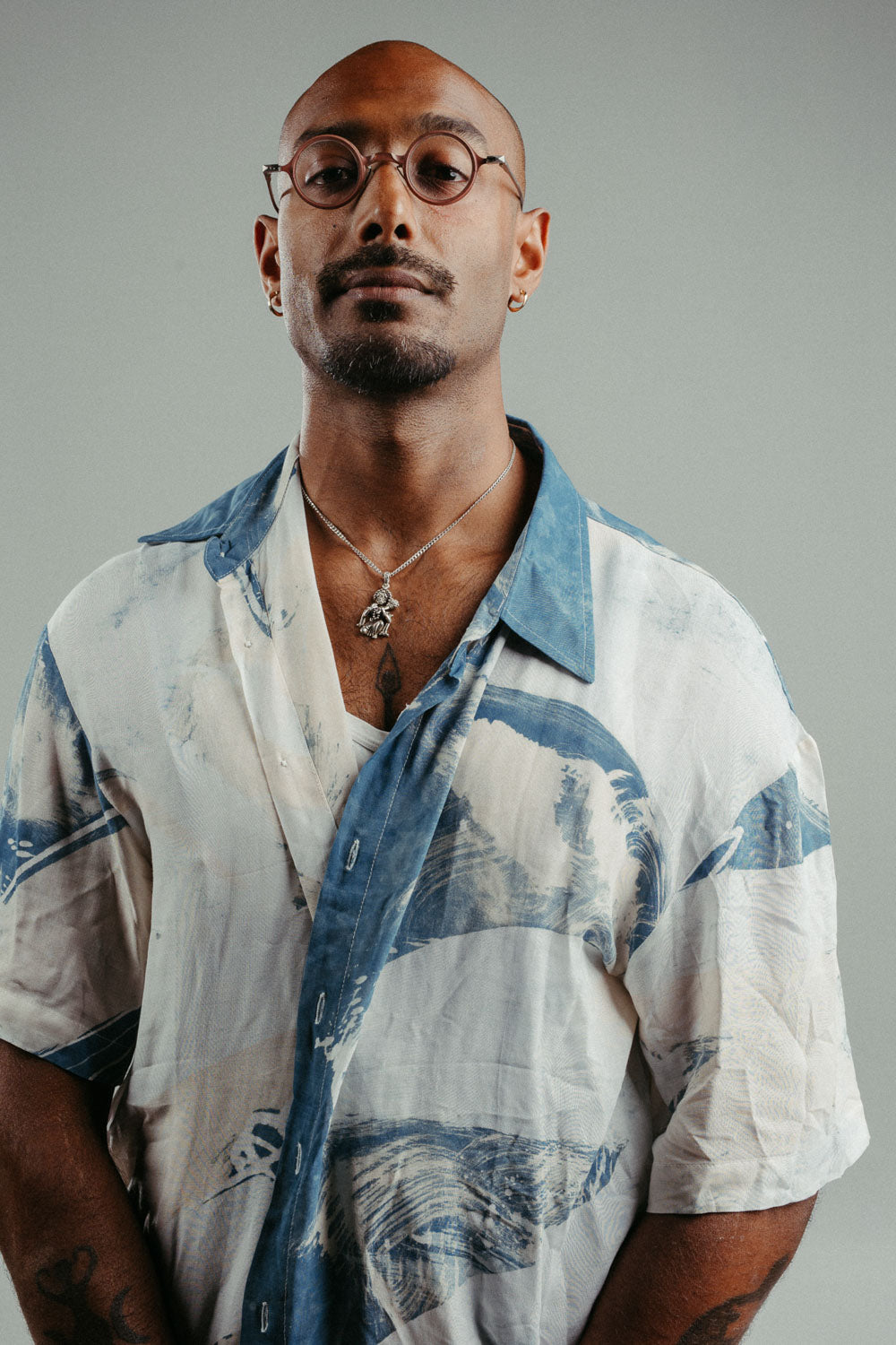 handpainted cotton batik shirt with natural and indigo strokes