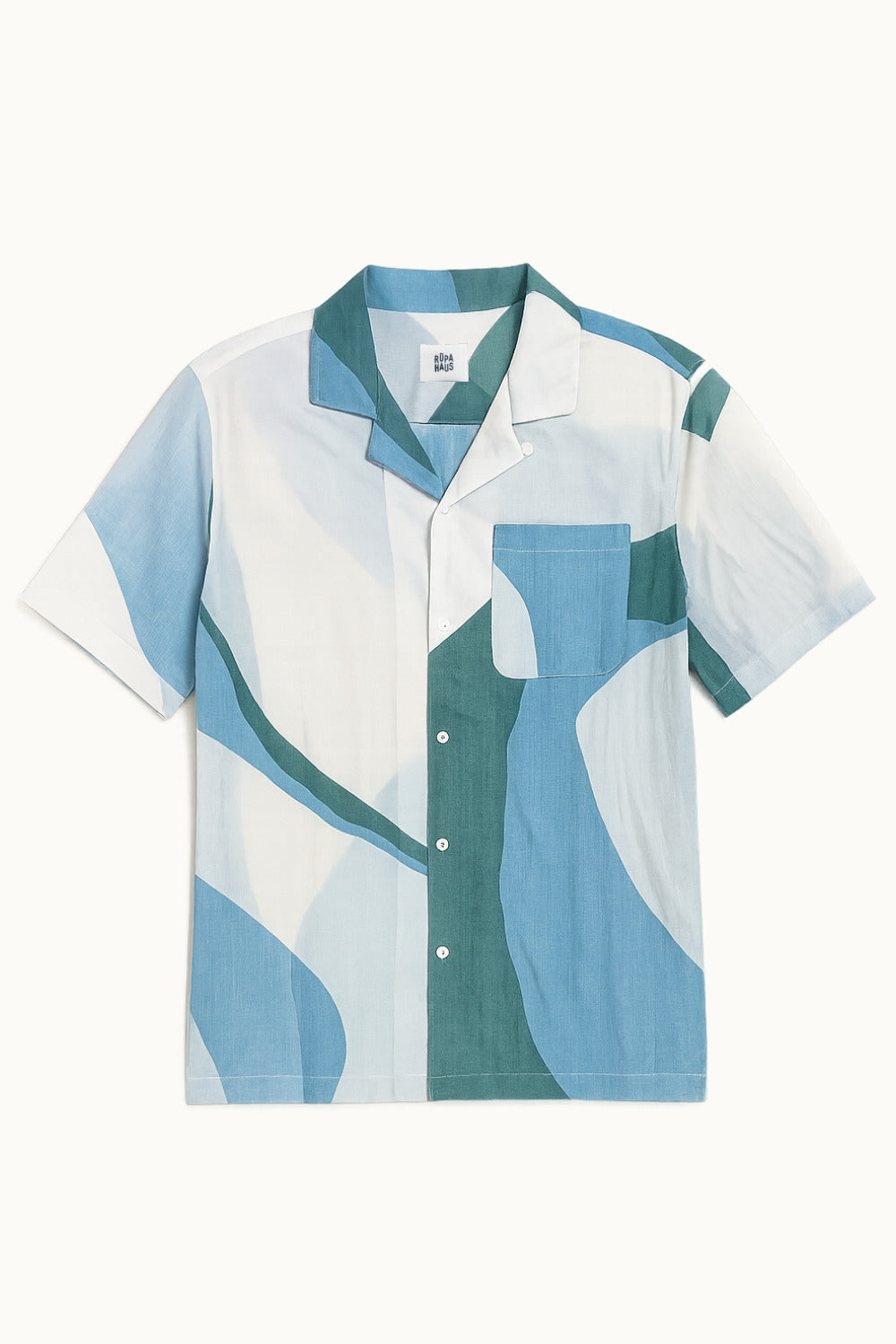 Handpainted Batik Camp Shirt in blue, green and natural hues with relaxed collar and short sleeves.