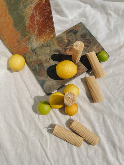 Hand-rolled beeswax candles made in Perth, Western Australia — natural pillar candles with subtle honey scent, sustainable and eco-friendly home décor.