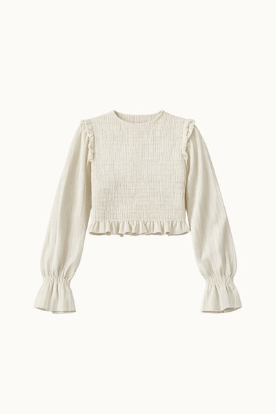 White blouse with ruffled sleeves on a white background