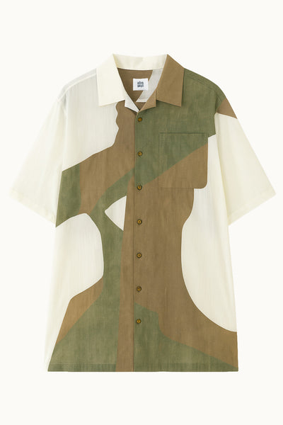 handpainted cotton batik shirt with geometric pattern on a white background