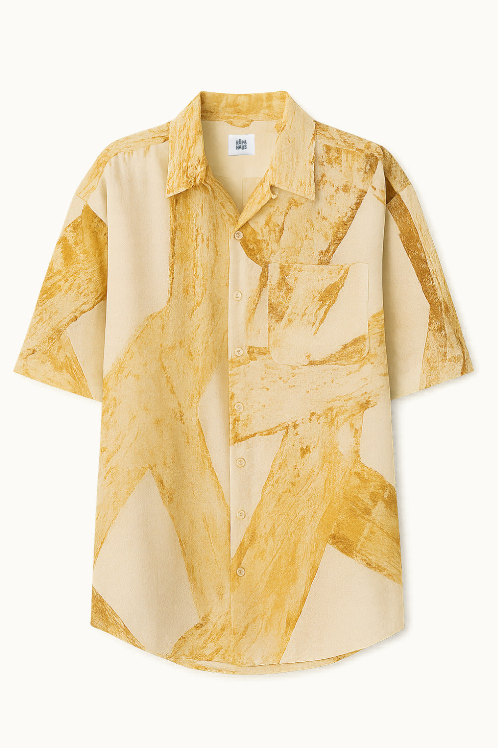 Handpainted batik cotton shirt in brown and beige strokes on a white background