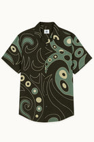 Short-sleeve handpainted cotton shirt with a green and brown abstract pattern on a white background