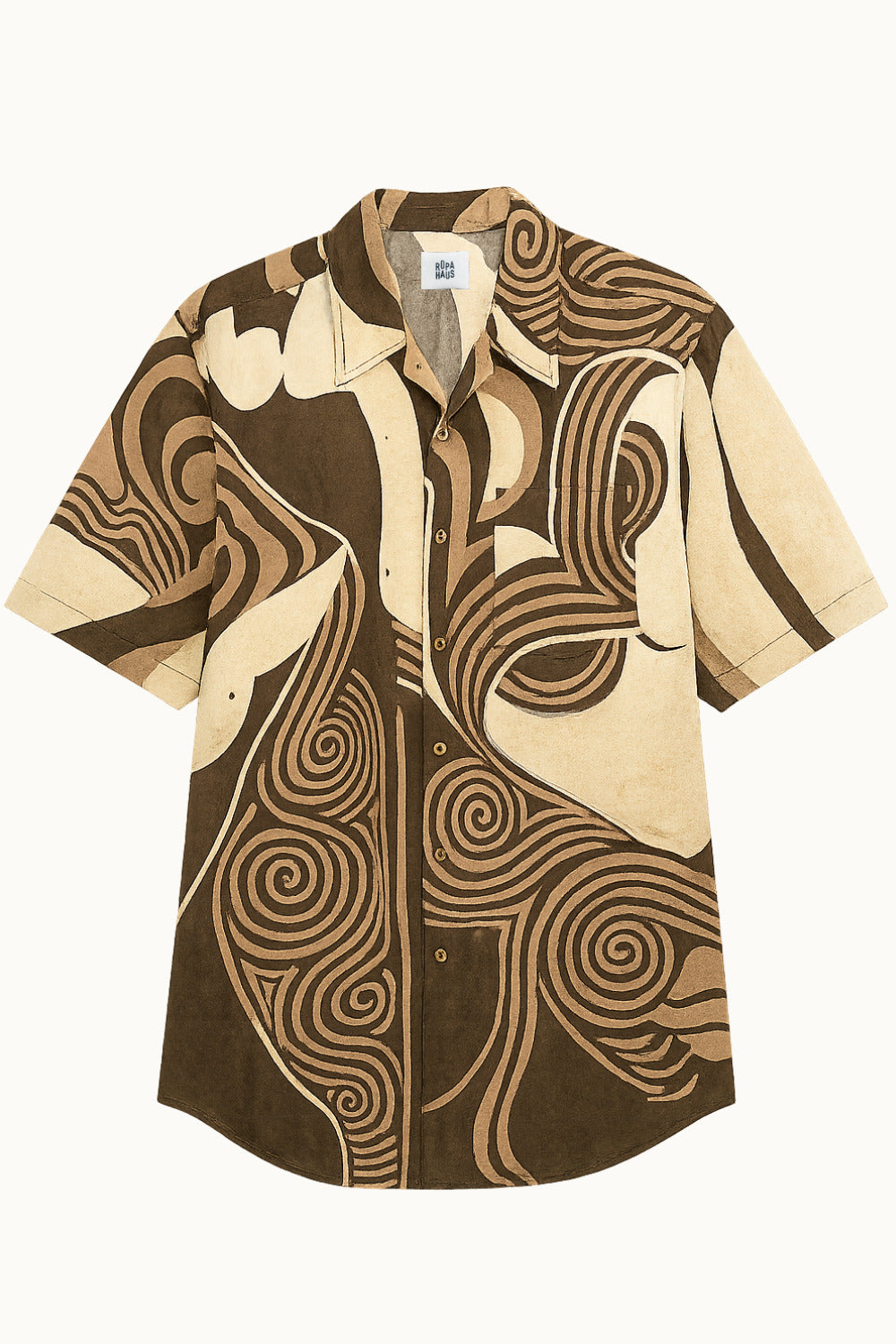 Brown and beige handpainted batik cotton shirt on a white background